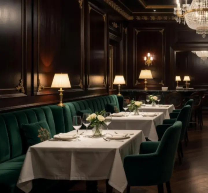 Dramatikus, hangulatos belső tér a Table Lounge Hubban, elegáns asztalokkal és félhomállyal.
