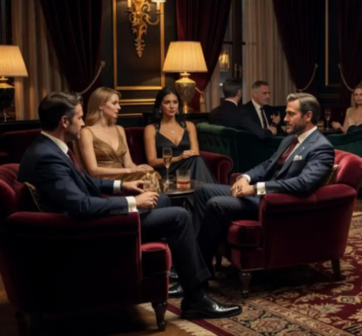 VIP lounge pillanat: meghitt beszélgetések, hangulatos fények és elegáns enteriőr.